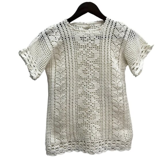 vintage Handmade Crochet White Short Sleeve Sweater Size S - Picture 2 of 9